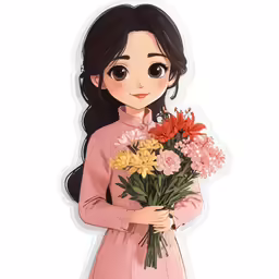 a girl holding flowers while wearing pink dress