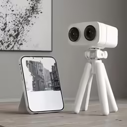 an appliance stands next to an iphone in front of it