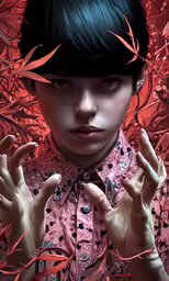 an anime painting of a woman with her hands out