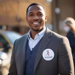 a man wearing a grey jacket smiling for the camera