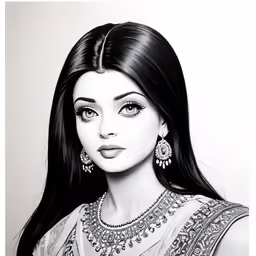 a drawing of a woman wearing a necklace and earrings