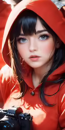 a girl in red is posing with a camera
