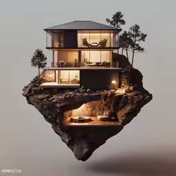 a floating house is built on a mountain