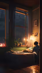 an evening light shines on a bed in front of a window,a person sitting on a bed in a room