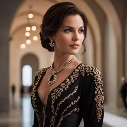 a woman with earrings wearing a black evening gown