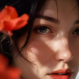 an asian woman with red lips and water droplets