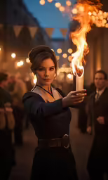 a young woman holds a candle at an outdoor party
