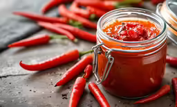 there is an open jar with a bright red sauce in it