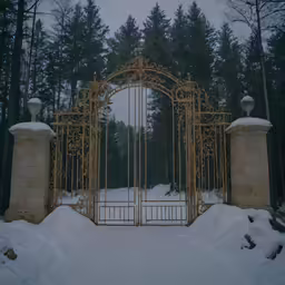 a snowy scene with an ornate iron gate