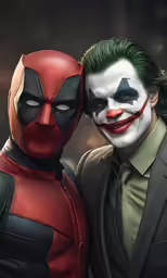 a man in a suit with his arm around a joker