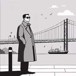a drawing of a man standing in front of a bridge