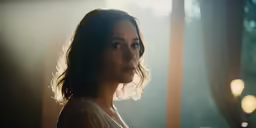 a woman in a white top with her eyes close to the camera