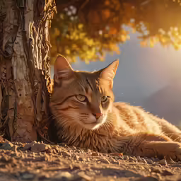a cat laying on the ground next to a tree