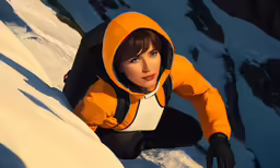 a woman with brown hair wearing an orange and black jacket