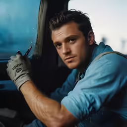a man is sitting in the drivers seat of his car
