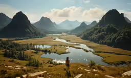 a person standing on a grassy hill looking at mountains