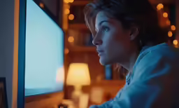 a woman using a computer in the dark