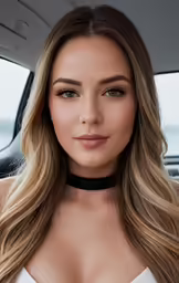 a woman sitting in a car and wearing a choke