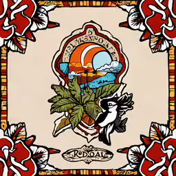 a painting with a bird flying through it,the national park logo, featuring two birds in an ornamental frame with red and white flowers