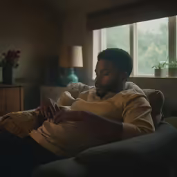 a man sitting on the couch looking at his cellphone