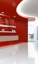 a room with white shelves and red walls