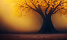 a yellow tree in the foggy air