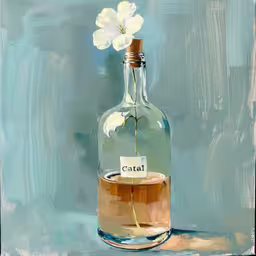 a painting of a wine bottle with a flower in it,the oil painting is on display with a blue background