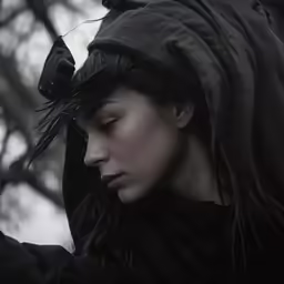 the woman in black is holding her hand up