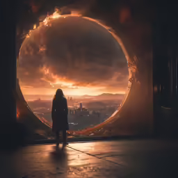 the woman is standing in front of the large opening