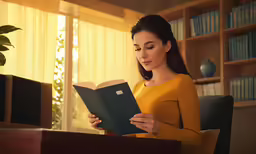 young woman in yellow shirt reading book at desk