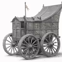 an old wagon with wheels and flags on the roof