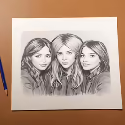 three girls, two are drawn with graph pencils and one is in color