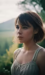 a woman with bangs and fringe in a gray top looks into the distance