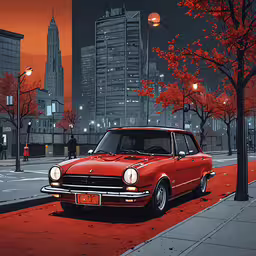 a red car parked on the side of a road in a city,the retro red car is parked on the side of the street