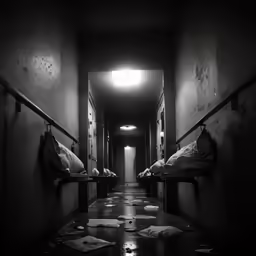a long hallway with lots of unmade beds