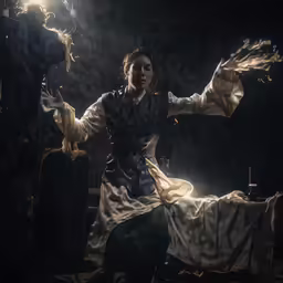 a woman dressed in a costume sits on a bed while holding a light up