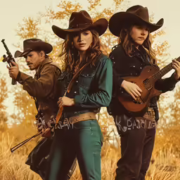 two women and one man wearing hats while one plays guitar
