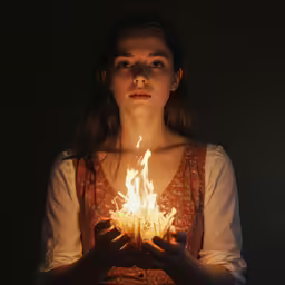 a woman holding her hands with fire in the darkness