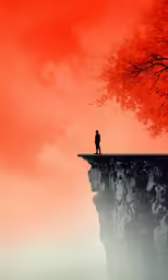 a person standing on top of a cliff looking into an orange sky