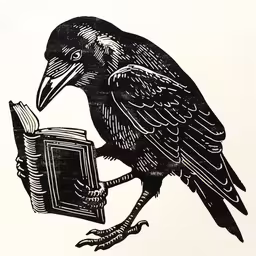 a crow is perched on an open book,the drawing of a raven is in progress