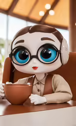 the doll has headphones on and a cup