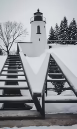 the steps leading to a lighthouse are completely covered in snow