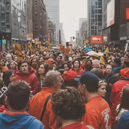 a large crowd of people stand in front of the camera