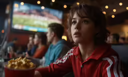 the young child looks up from her movie theater