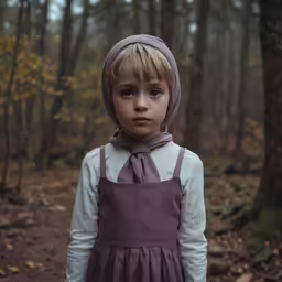a young girl in an apron and bonnet looking into the camera