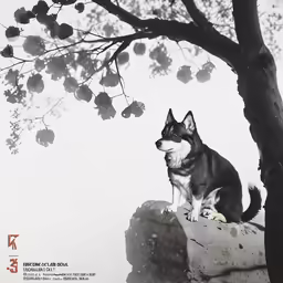 a dog is sitting on top of a rock