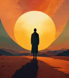 a person in front of a sunset and planets,a person stands alone in the distance as a large sun rises above mountains