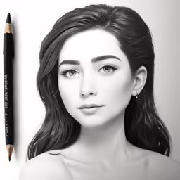 a woman is shown next to a pencil drawing