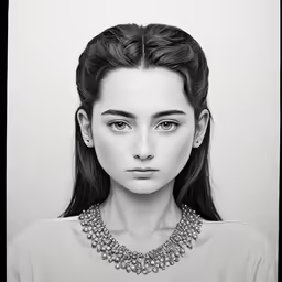 black and white image of a woman wearing a large necklace