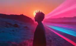 a man is standing in front of a bright light that makes the background look like he has headphones
